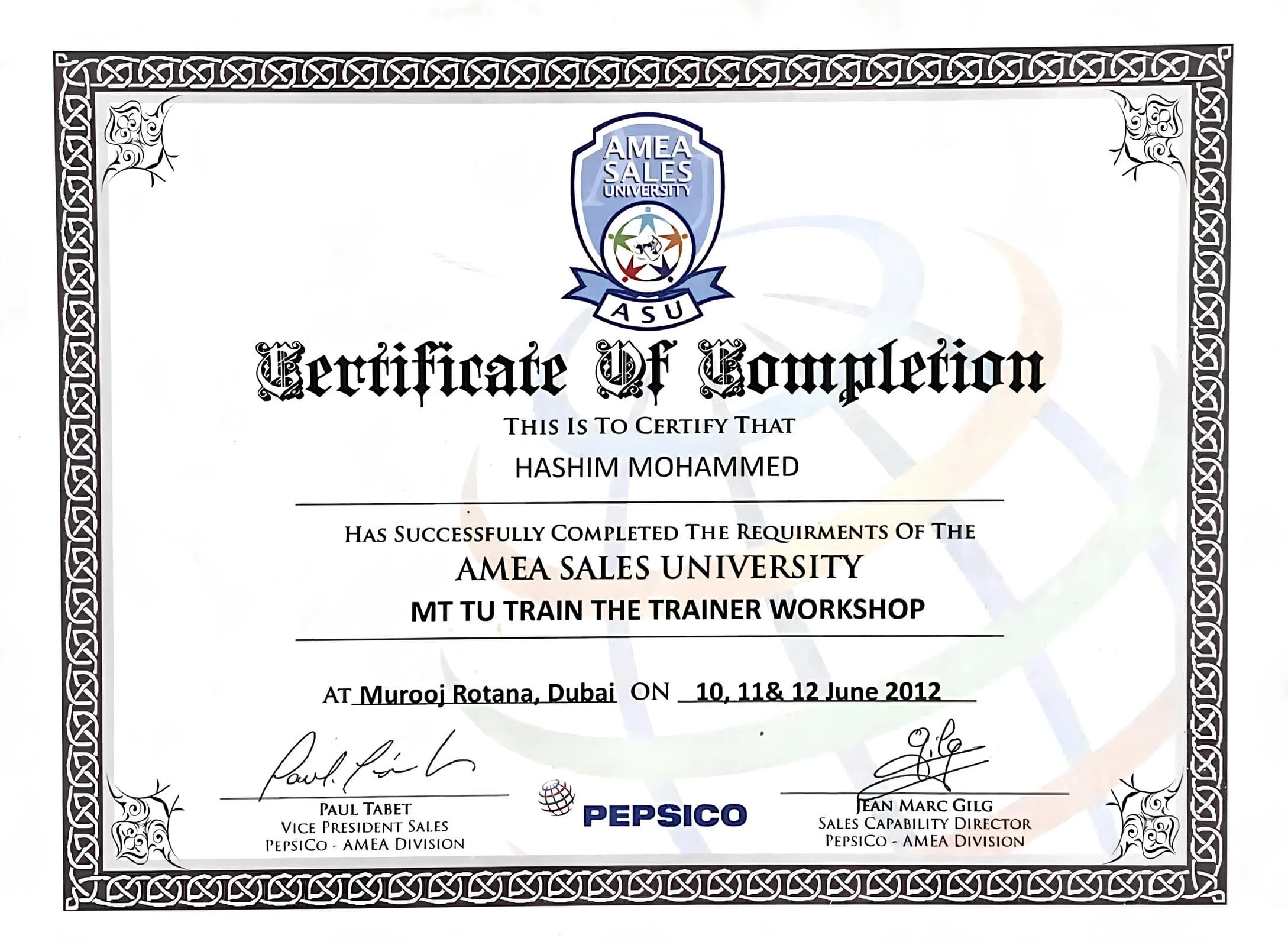 PepsiCo AMEA Sales University Certificate of Completion awarded to Hashim Mohammed